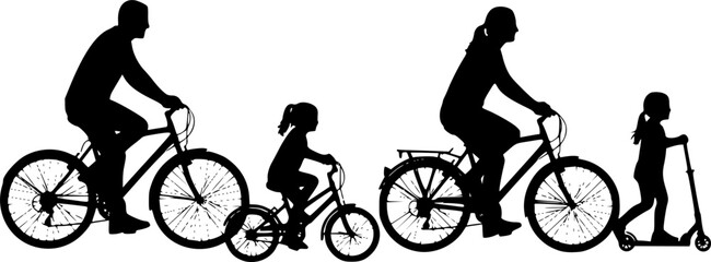 Obraz premium Silhouettes set of family riding bicycles and scooters together side view. 