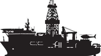 Obraz premium Offshore oil rig ship, drilling platform vessel, black silhouette icon, industrial maritime symbol