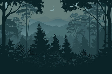 A dark stylized forest scene with a crescent moon above hills © MAYENUDDIN