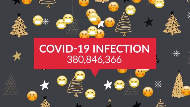 Covid-19 infection text and multiple face emojis falling against christmas tree in seamless pattern
