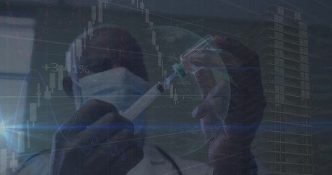 Animation of graphs and globe over senior african american doctor in face mask with vaccine
