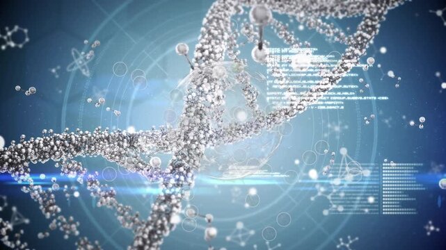 Animation of dna, molecules and data processing on blue background