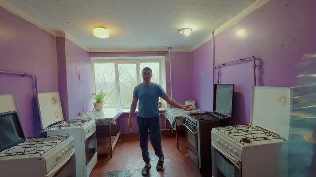 A family quarrel in the kitchen. A wife hits her husband with a plastic bottle several times. A guy and a girl impulsively sort things out. From the first person.
