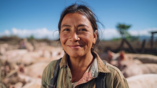 Woman with Radiant Smile, Rural Life, Pig Farming, Daylight, Outdoors, Smiling, Agriculture, Camero, Africa, Farmers, Village Life, Traditional Attire, Green Landscape.