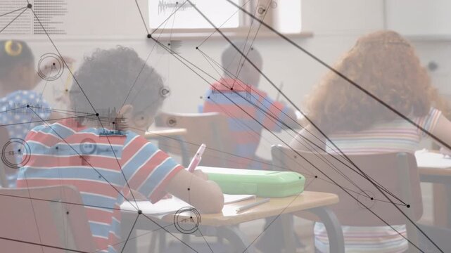 Animation of network of connections over business people in office
