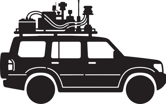 Black SUV vehicle silhouette, ghostbusters car vector, proton pack on roof, isolated white background