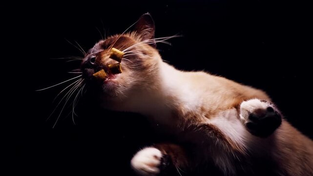 Gentle Hand Offering Dry Food to Siamese Cat through Transparent Glass, Bottom View in Slow Motion, Loving Pet Care and Human Animal Bond