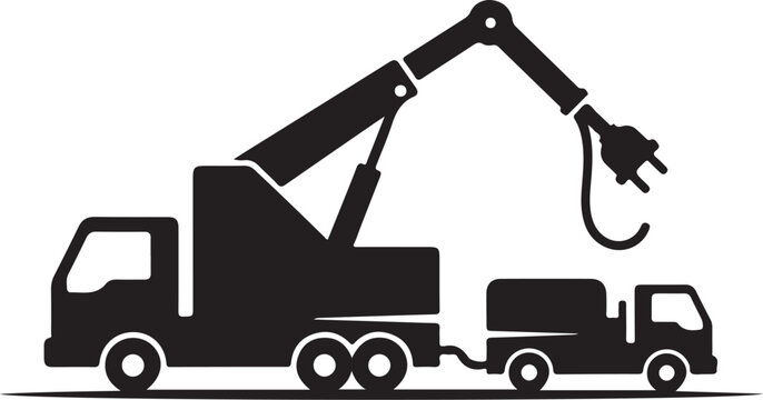Tow truck, heavy duty recovery vehicle, hook lift, silhouette icon, industrial equipment