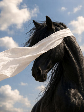 Pferdeportrait - Schwarzer Pferd mit Tuch 