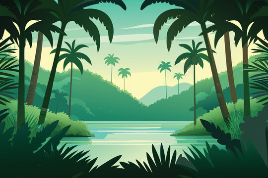 Lush tropical landscape featuring a winding river and palm trees