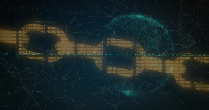 Security chain icon and network of connections over spinning globe against blue background