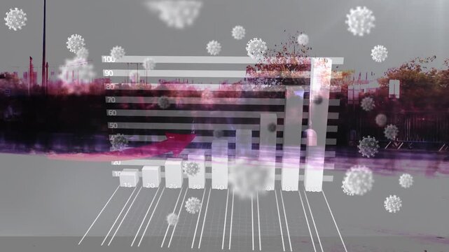 Animation of virus cells over timelapse with walking people and graph with arrow
