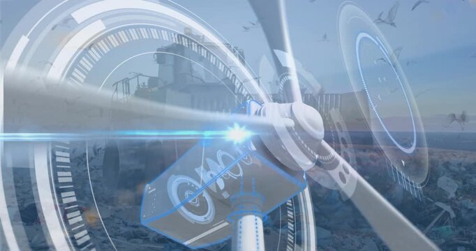 Animation of windmill spinning with circular interface over bulldozer unloading junk at landfill