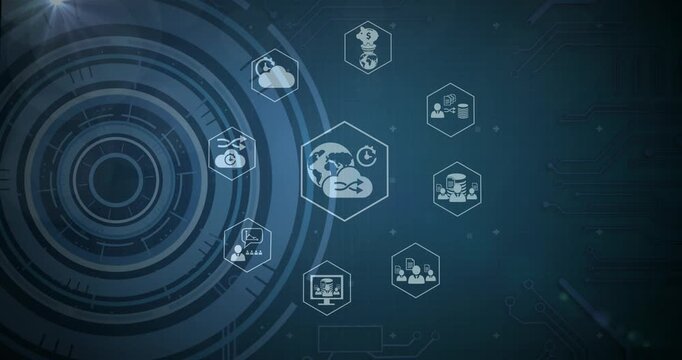 Animation of tech icons and data processing on green digital screen