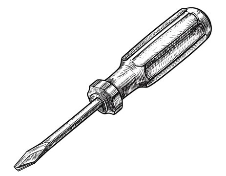Monochrome depiction of a flathead screwdriver at a slight angle. The tool has a ribbed, textured handle, and a metal shaft