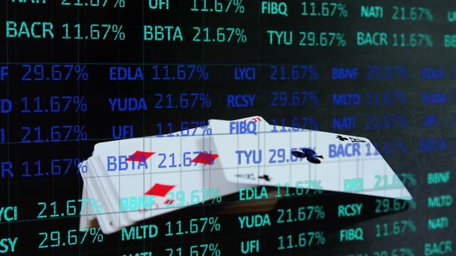 Animation of stock market over playing cards on black background