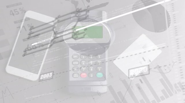 Animation of statistics and data processing over man using smartphone