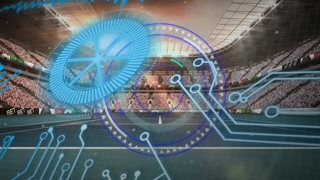 Animation of network of connections over sports stadium
