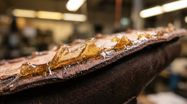 Close-up of thick amber adhesive being applied to the leather sole of a boot during the shoemaking process in a workshop