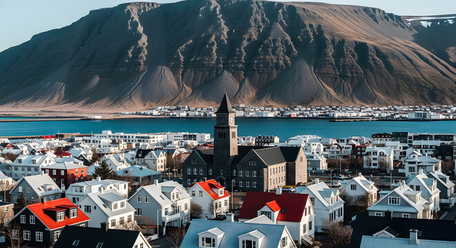 Stunning aerial cityscape of Reykjavik featuring the iconic Hallgr&iacute;mskirkja church surrounded by colorful houses, framed by the vast Faxafl&oacute;i bay and the majestic Esjan mountain backdrop.