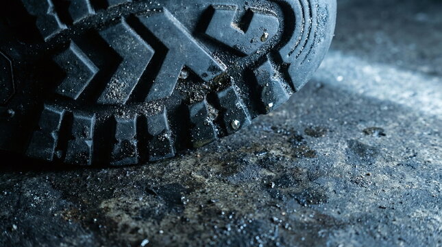 Detailed macro view of a dirty rubber boot sole with thick tread on a dark gritty industrial surface