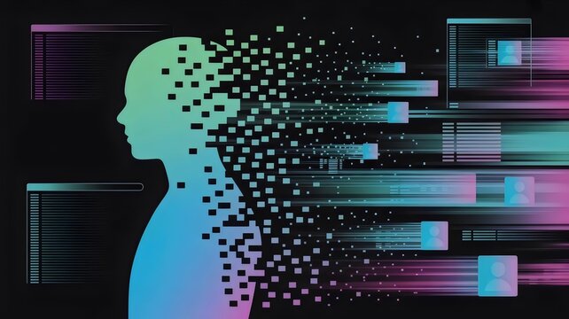 Digital avatar dissolving into pixels &ndash; Ideal for online identity, cybersecurity, or virtual reality concepts.