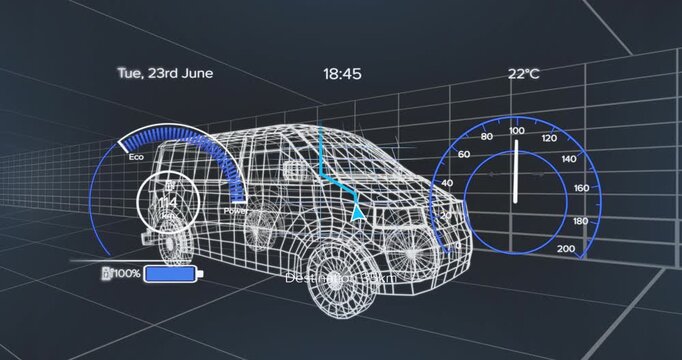 Animation of 3d car model and grid over dark background