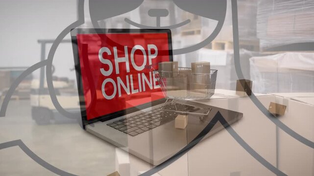 Animation of sloth icon over laptop with shop online text