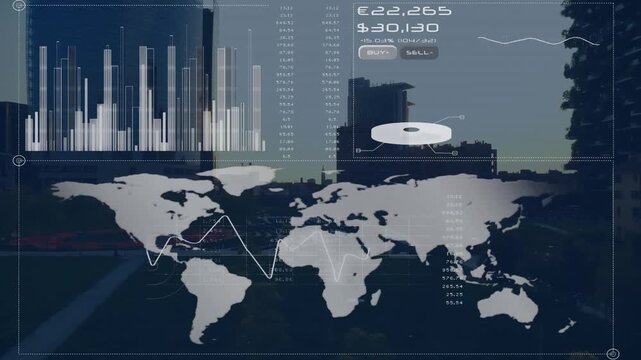 Animation of hud interface with graphs and map over aerial view of silhouette skyscrapers
