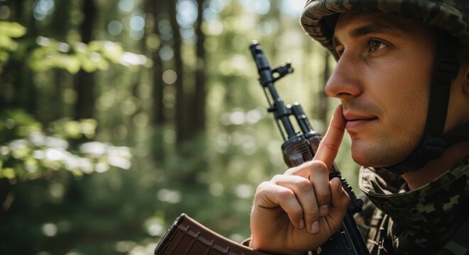 A soldier in camouflage gear is standing in a forest, holding a rifle. The forest is dense with trees and foliage, and the soldier appears to be ready for action.