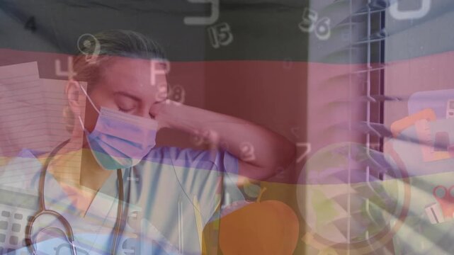 Animation of flag of germany with numbers and school icons over caucasian female doctor