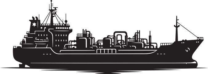 Obraz premium Industrial cargo ship, tanker vessel, black silhouette, white background, vector illustration