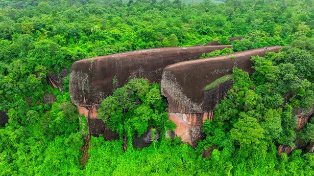 Hyperlapse of 3 Whale Rock. Aerial view of Three whale stones in Phu Sing National, Bueng Kan, Thailand.