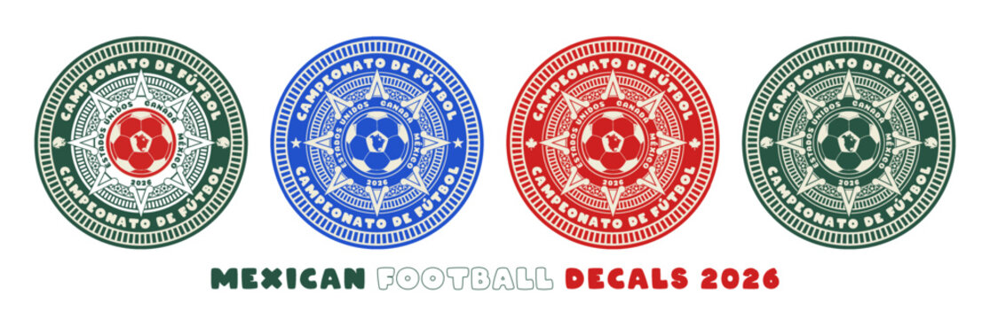 Vector set of round colored stickers. Sports decal collection. Spanish inscriptions mean, championship, football, United States, Canada, Mexico. 2026. Soccer ball. Isolated background