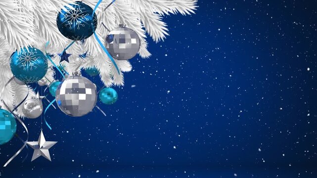 Animation of snow falling over christmas tree with baubles on blue backrgound