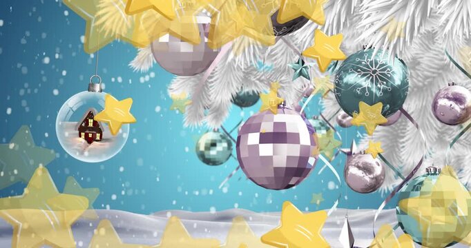 Animation of falling golden stars and christmas decoration over red background