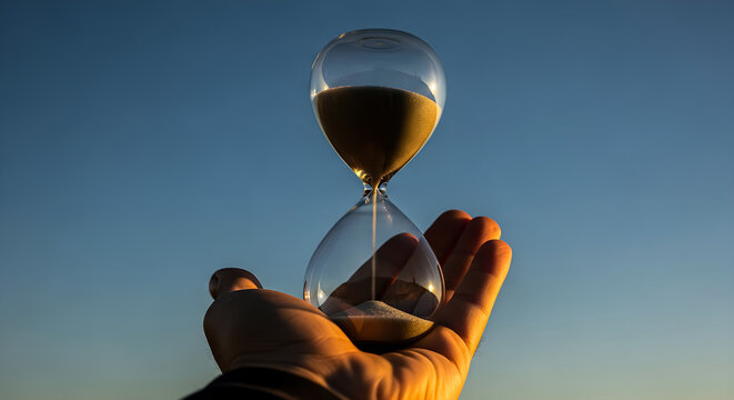 A hand holding a sand timer against a clear blue sky at sunset, symbolizing the passage of time and the importance of making every moment count.