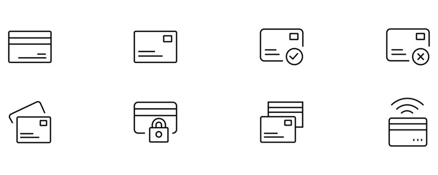 Credit card icon set. Credit card payment icons symbol in thin line and flat style. For apps and websites. Vector illustration 