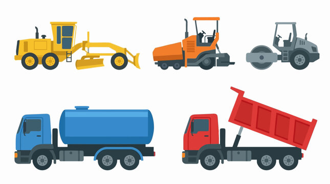 Heavy construction equipment set. Grader, paver, roller, tanker, dump truck. Vector icons.