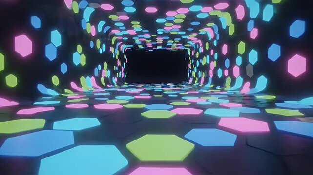 A vibrant, futuristic tunnel is illuminated by a mesmerizing pattern of hexagonal lights in shades of pink, blue, and green, creating a dynamic and immersive visual experience.