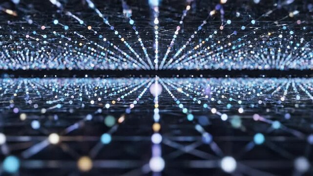 An abstract digital artwork depicts a mesmerizing network of interconnected glowing orbs and lines, creating a sense of infinite depth and futuristic complexity.