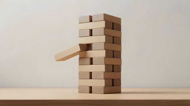 Stacked wooden blocks with one misaligned &ndash; Ideal for risk management, instability, or business fragile concepts.