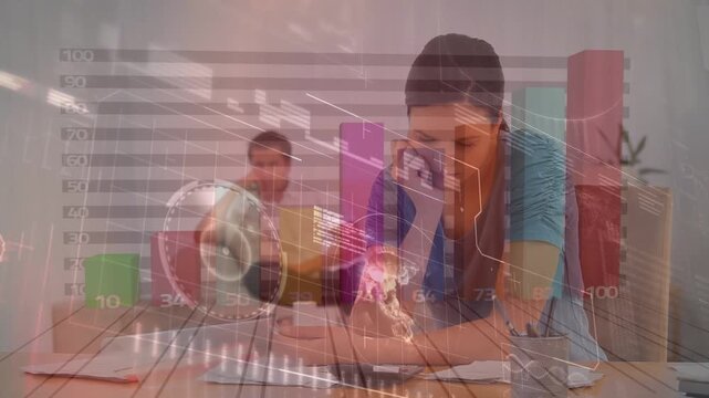 Animation of radar, globe and graphs over caucasian couple stressed over pending bills at home