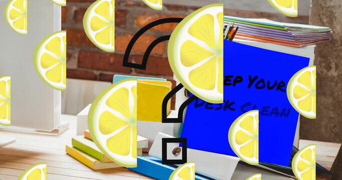 Animation of question mark and lemons over school items and keep your desk clean text