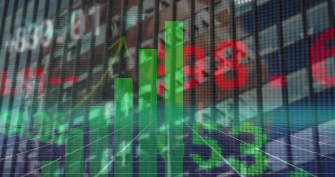 Animation of financial data processing over modern office building