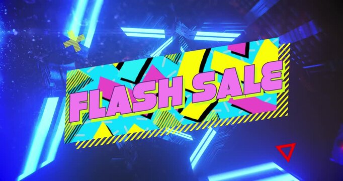 Animation of flash sale text banner against glowing blue tunnel spinning in seamless pattern