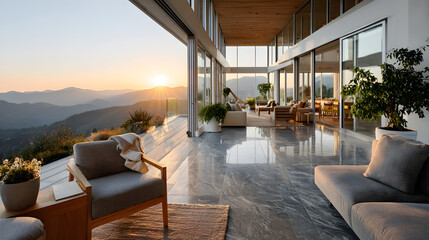 Fototapeta premium High-end contemporary living space with large windows showing mountains and sunset at dusk