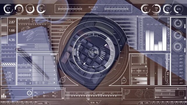 Animating of interface with data processing against calculator falling on wooden office table