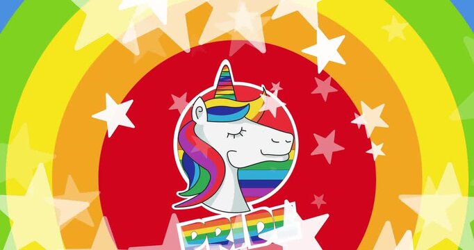 Animation of stars, pride lgbtq text and unicorn over rainbow background