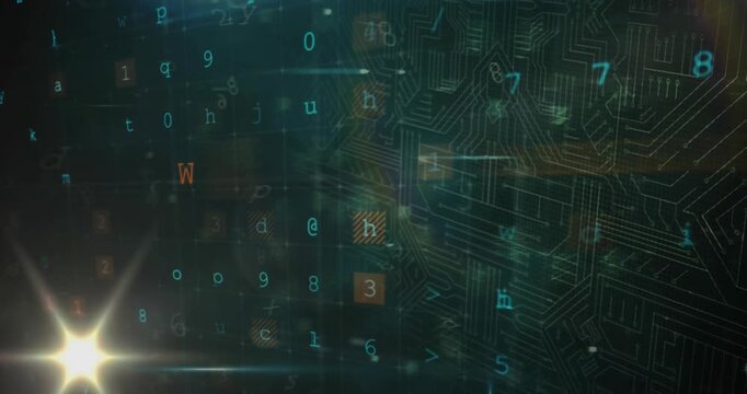 Animation of cyber security data processing and icons against light spot on black background